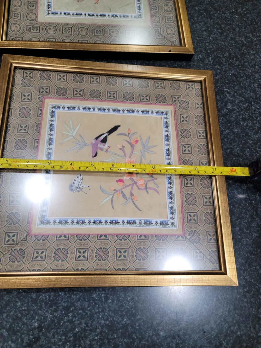 Vintage framed Asian silk embroidery panel Bird Floral Set Of 2